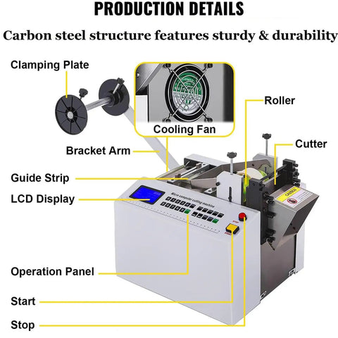 Detailed view of Automatic Heat Shrink Tube Cutter Machine showing clamping plate, cooling fan, and operation panel.