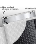 Close-up of Black Waterproof Bubble Mailers 4x8 Self Seal Adhesive Shipping Bags with self-adhesive strip and bubble cushioning.
