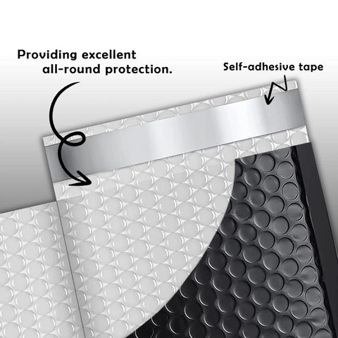 Close-up of Black Waterproof Bubble Mailers 4x8 Self Seal Adhesive Shipping Bags with self-adhesive strip and bubble cushioning.