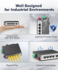 Rugged 5 Port Industrial Gigabit Ethernet Switch for DIN Rail and Wall Mount with lightning protection and fanless design.
