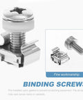 Close-up of 16 Sets M6 Cage Nut And Rack Mount Screws Kit With Cage Nuts For Server Racks And Cabinets, featuring a screw and cage nut.