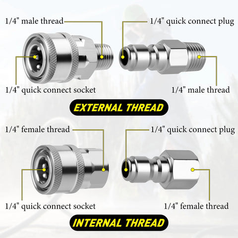 Qoroos stainless steel 1/4 inch quick-connect pressure washer fittings kit, 4 sets with external and internal threads