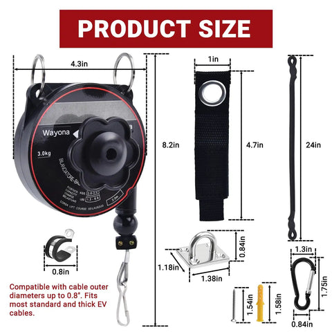 No Sweat Wall Mount Retractable EV Charger Cable Holder Reel Organizer Fits Tesla And Universal Level 2 EV Station dimensions displayed.