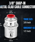 Heavy Duty Third Eighth Inch Zinc Snap In Mc Cable Connector Ul Listed showing dimensions and features for secure installation.