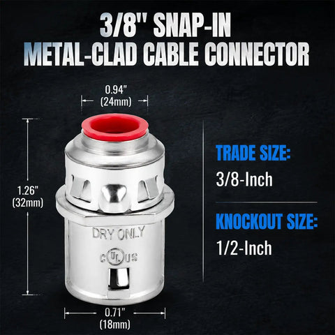 Heavy Duty Third Eighth Inch Zinc Snap In Mc Cable Connector Ul Listed showing dimensions and features for secure installation.