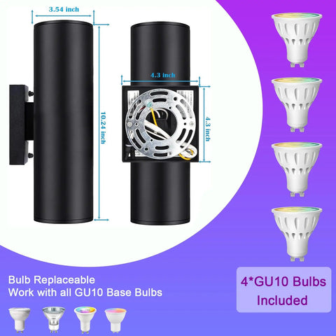 Up And Down Outdoor Wall Sconce With APP Control, RGB CCT Color Changing Exterior Light Fixture, cylinder design with 4 GU10 bulbs