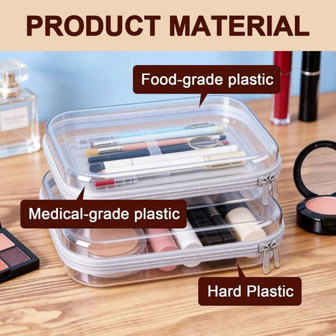 Two Pack Clear Hard Shell Zipper Case Travel Organizer Pouch Hella Tough Protective Plastic Storage Bag with food and medical-grade materials.