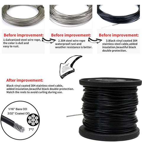 Comparison of wire types with improved black vinyl-coated 304 stainless steel cable for Outdoor Globe String Lights Hanging Kit