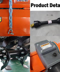 Close-up of 37 Inch 3 Point Rotary Tiller Attachment For Cat 1 Tractors 15 To 25 HP With 540 RPM PTO Drive and parts