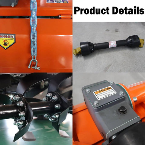Close-up of 37 Inch 3 Point Rotary Tiller Attachment For Cat 1 Tractors 15 To 25 HP With 540 RPM PTO Drive and parts