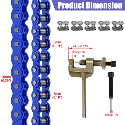 35 Chain With Chain Breaker For Mini Bikes And Go Karts 140 Links Heavy Duty with master links and tool dimensions view