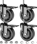 Top Shelf Heavy Duty Swivel Caster Wheel Set Of Four With Three Inch Polyethylene Tires And Three Eighths Threaded Stem Brakes in black, showing wheels and fittings.