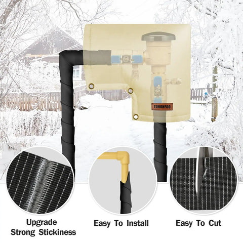 Outdoor Pipe Insulation Tape For Water Lines Foam Heat Tape With Tough Adhesive Winter Freeze Protection For Copper PVC And AC Lines Easy DIY Wrap Durable Weatherproof Black 3in x 15ft shown installed on a pipe