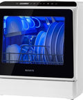 Nifty Portable Countertop Dishwasher For Tight Quarters Handles Four Place Settings On Dual Racks With Swift Cycles showing clean dishes inside.