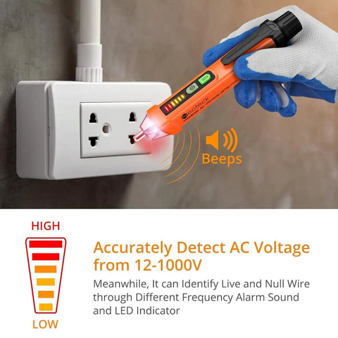 Gloved hand using Non Contact AC Voltage Tester Pen 12 To 1000V With LED Flashlight And Audible Buzzer For Live Or Neutral Wire Detection