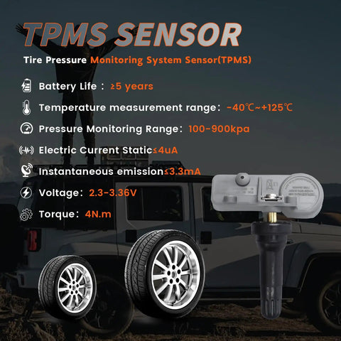Straight Swap TPMS Tire Pressure Sensor Pack Of 4 Gm Cars And Trucks 315Mhz showing specifications and tire images.