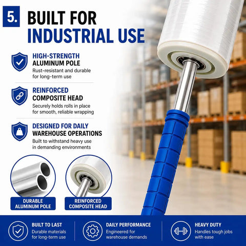 Heavy Duty 48 Inch Stretch Film Dispenser Pole Holder Long Handle For Easy Pallet Wrapping Back Saver Workhorse Ergonomic Tool Fits 12 To 20 Inch Film Rolls With 1.5 To 3 Inch Core Ideal Warehouse Packaging, aluminum pole