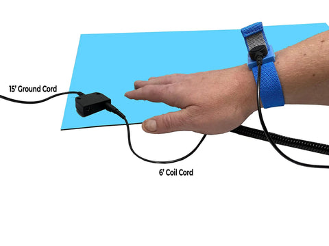 All In One Dual Layer ESD Safe Workstation Mat Kit For Soldering And Phone Repair 24 By 16 Inch Blue with wrist strap and cords in use