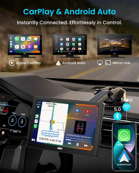 Effortless 9 Inch Wireless Apple CarPlay And Android Auto Screen For Any Vehicle showing navigation and controls on dash