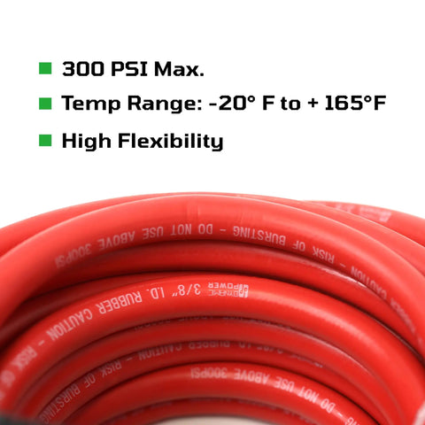 Three Eighths Inch Rubber Air Hose, Fifty Foot, High Pressure Three Hundred PSI, coiled with flexibility details