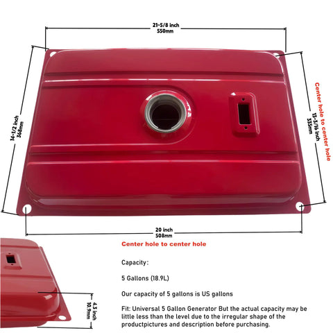 Universal 5 Gallon Generator Fuel Tank With Built In Gauge For Honda EC2500 And Predator 2000 4000 top view with dimensions