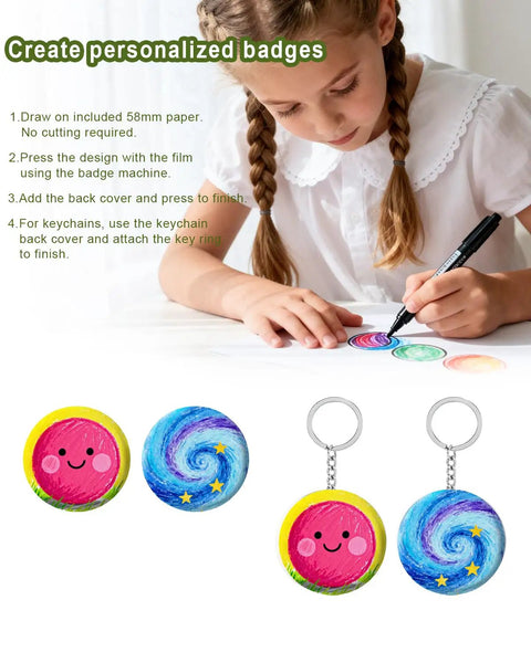 Child drawing on paper with All In One Button And Keychain Making Kit With 100 Button Backs 20 Keychain Bases 120 Blank Papers And 120 Clear Film Sheets Ideal For DIY Pins And Custom Accessories components.