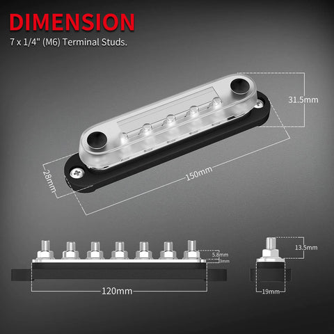 Dimensions of Battery Bus Bar Terminal Block Set With Cover 12V To 48V Positive And Negative Power Distribution Block with 7 M6 studs.