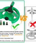 Lawn Sprinkler Automatic Garden Irrigation System With 360 Degree Rotation For Big Yard Coverage Adjustable Spray Nozzles Mega Easy To Use For Lawn Garden And Kids Play Areas 1 Pack Light Green features highlighted in comparison image