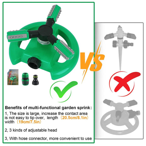 Lawn Sprinkler Automatic Garden Irrigation System With 360 Degree Rotation For Big Yard Coverage Adjustable Spray Nozzles Mega Easy To Use For Lawn Garden And Kids Play Areas 1 Pack Light Green features highlighted in comparison image