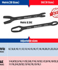Universal Wrench Set With 38 Pieces Dual SAE And Metric Wrenches From One Quarter Inch To One Inch And Six To Twenty Five Millimeters Two Piece Carbon Steel With Corrosion Resistant Finish Ideal For Home And Auto Repairs showing metric and SAE sizes