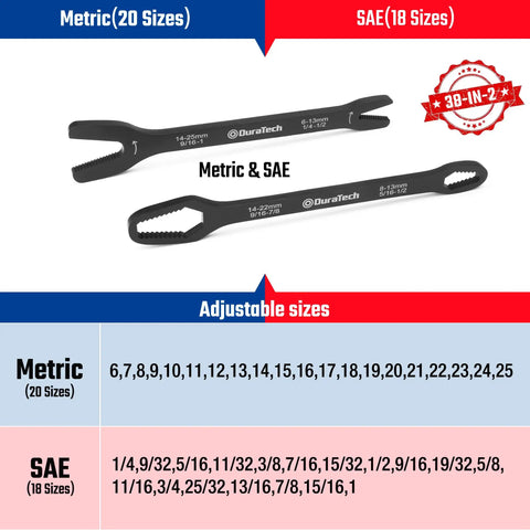 Universal Wrench Set With 38 Pieces Dual SAE And Metric Wrenches From One Quarter Inch To One Inch And Six To Twenty Five Millimeters Two Piece Carbon Steel With Corrosion Resistant Finish Ideal For Home And Auto Repairs showing metric and SAE sizes