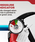 Close-up of pressure gauge on Home And Office Fire Extinguisher 5BC For Residential Use With Easy Pull Pin Lightweight Aluminum Body.