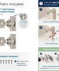 Heavy Duty Self Closing Face Frame Cabinet Hinges, 3/4 Inch Overlay Compact Concealed Design with mounting hardware shown.