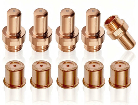 Plasma Cutter Consumable Kit for Versa Cut 60 and Trafimet CB70 Torch With 1.2mm Tips and Electrodes, showing 5 copper tips and 5 electrodes