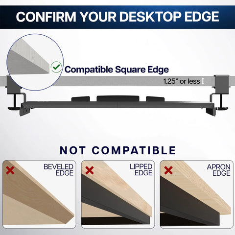 Image showing compatibility guide for Large Under Desk Keyboard And Mouse Tray With Smooth Slider Rail System, Heavy Duty Quick Grip Clamp.