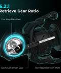 Verus Spinning Fishing Reel Size 4000 internal view showing gear ratio 6.2:1, zinc alloy main gear, aluminum pinion, stainless steel shaft.