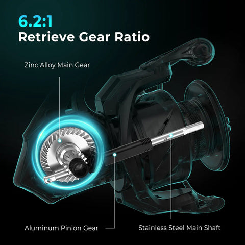 Verus Spinning Fishing Reel Size 4000 internal view showing gear ratio 6.2:1, zinc alloy main gear, aluminum pinion, stainless steel shaft.