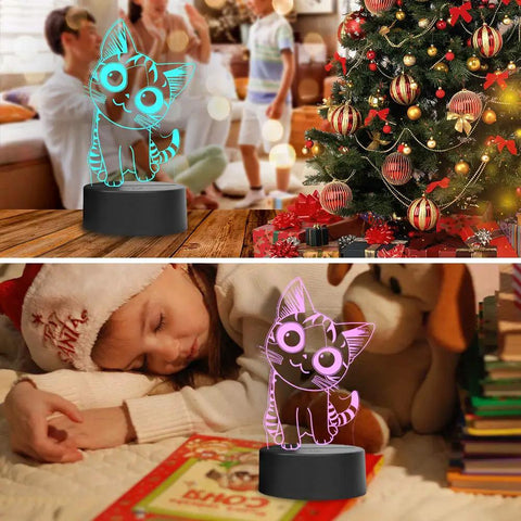 Cat Night Light 3D Illusion Lamp with Seven Color Auto Change, touch control, near Christmas tree and sleeping girl