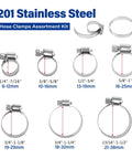 Must-Have Heavy Duty Stainless Steel Hose Clamp Kit with 165-Piece Assortment displayed in seven sizes