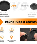Comparison of round rubber grommets showing quality differences and durability features like wear resistance and flame retardance.