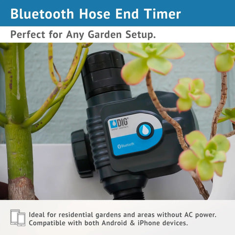 Bluetooth Hose End Timer With Smart Control for Wireless Irrigation, shown on a garden tap near plants.