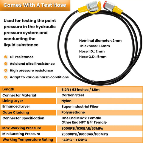 Heavy Duty 10000 PSI Digital Hydraulic Pressure Test Kit With Gauge, Manometer, Hose, Two Couplings, Silicone Protector specs