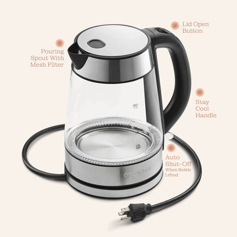 Fast Boil Electric Kettle For Coffee And Tea 1.7L Water Boiler 1500W Borosilicate Glass with cool-touch handle and LED light