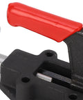Close-up of Built Tough Double Headed Toggle Clamp with red handle, heavy duty push pull clamp with 600kg clamping force for woodworking jigs.