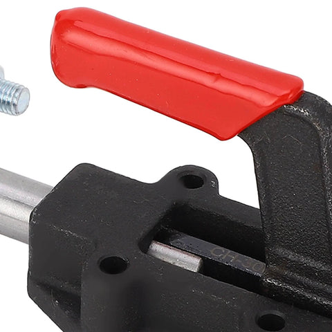 Close-up of Built Tough Double Headed Toggle Clamp with red handle, heavy duty push pull clamp with 600kg clamping force for woodworking jigs.