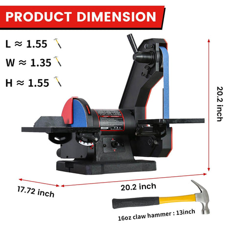 Dual Speed 1 Inch By 42 Inch Belt Disc Sander Combo With Large Work Table Direct Drive Brushless Motor 1750 And 3450 RPM Professional Benchtop Sander For Metalworking And Knife Sharpening Maintenance Free For DIY Pros with dimensions and hammer for scale