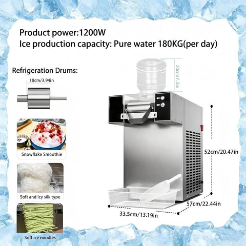 Heavy Duty Electric Ice Shaver Machine Crushing Blocks For Fluffy Snowflake Ice With Smart Air Cooling Setup Made For Food Trucks Milk Tea Shops And Patio Hangouts 750W Heavy Hitter with stainless steel drum and ice production specs.