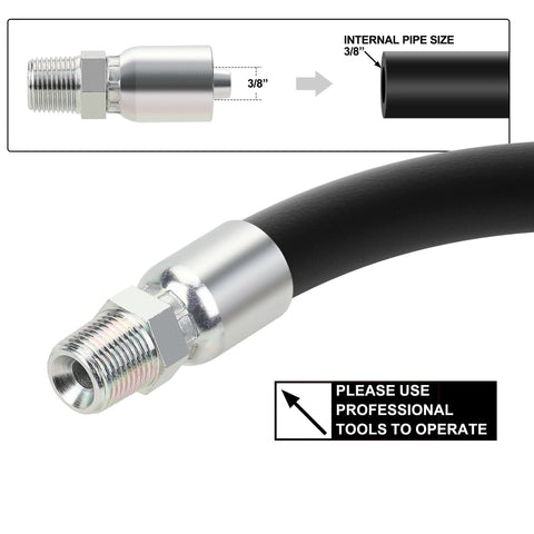 Hydraulic hose crimp fitting with 3/8 in NPT male threads on black hose (side view)