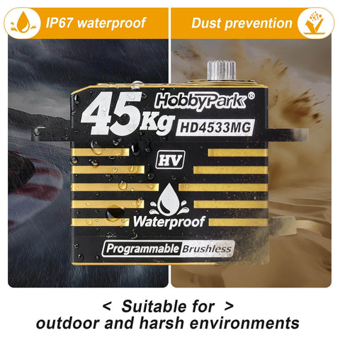 Waterproof RC Servo With Brushless Motor And Metal Gear, Beefy 45kg Torque, Aluminum Case for RC vehicles, shown in rugged design
