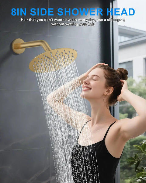 Brushed Gold Shower System With Dual 10 Inch Ceiling Rain Heads And Pressure Balance Valve Includes Multi Function Handheld Sprayer Plus Push Button Diverter For Zero Drama Bathroom Refresh